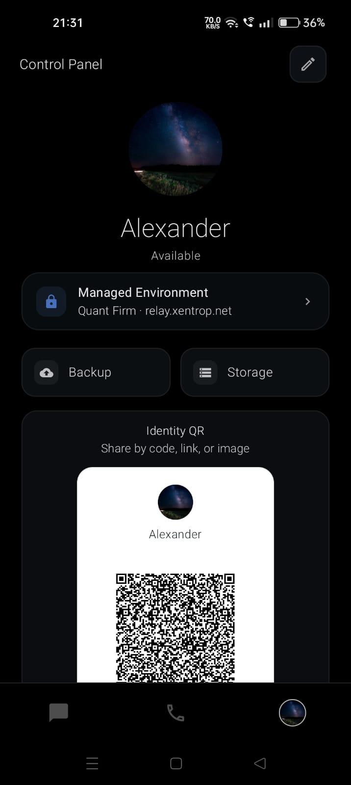 Xentrop Android control panel with managed environment and identity QR