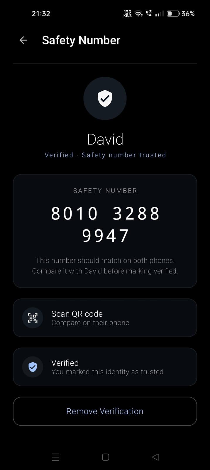 Safety number verification in Xentrop Android